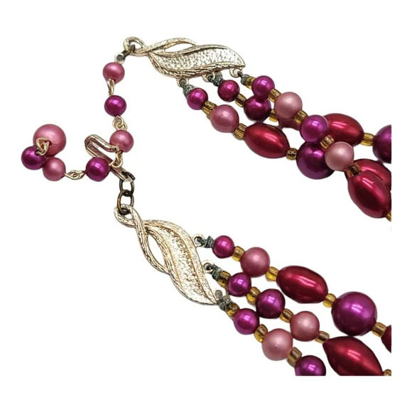 Japan High End Multi Strand Pink Red Maroon Glass Acrylic Bead Mix Ornate Clasp - Picture 4 of 5